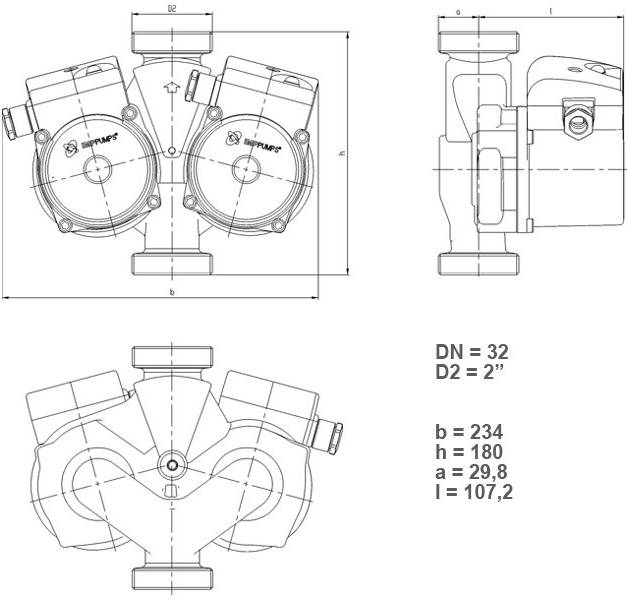 Pompa dubla de circulatie IMP PUMPS NMTD PLUS - Dimensiuni